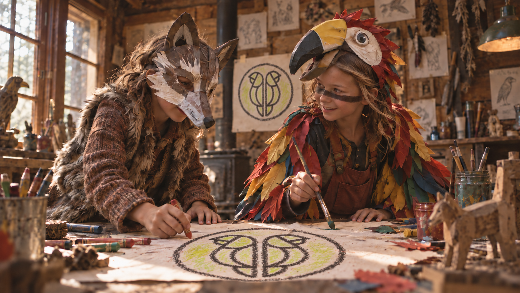 Two children drawing the PapagaioLobo monogram in crayon in a cabin studio, one wearing a handmade wolf mask and the other a parrot costume with a painted stripe across the eyes.